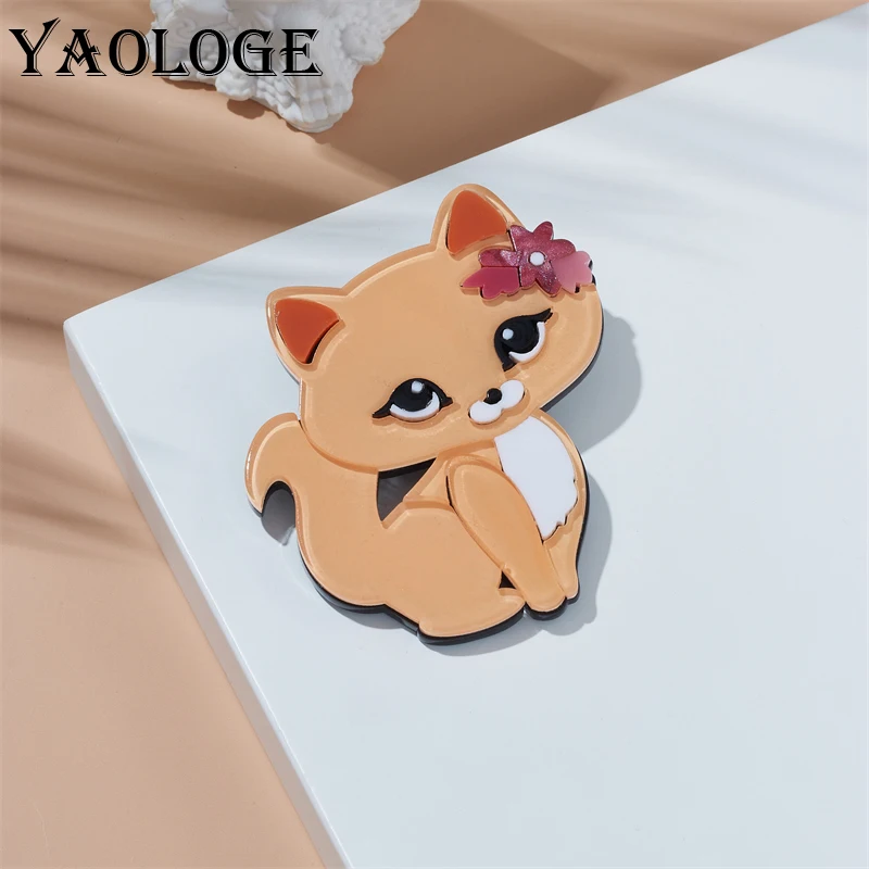 

YAOLOGE Acrylic Cartoon Cute Flower Cat Brooches For Women Kids Fashion Creative Animal Badge Clothing Brooch Pins Jewelry Gift