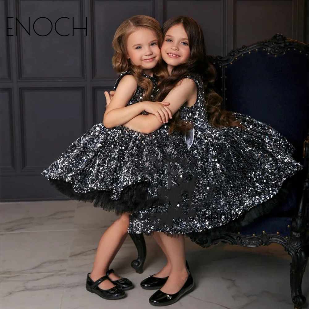 

Enoch Charcoal Sleeveless Flower Girl Dresses with Bow Summer New Kids Sequined Tiered Scoop Party Festival Formal Gowns Robes