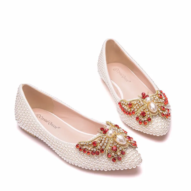 

White flat bridesmaid shoes bridal wedding shoes handmade pearl maternity shoes plus size casual shoes