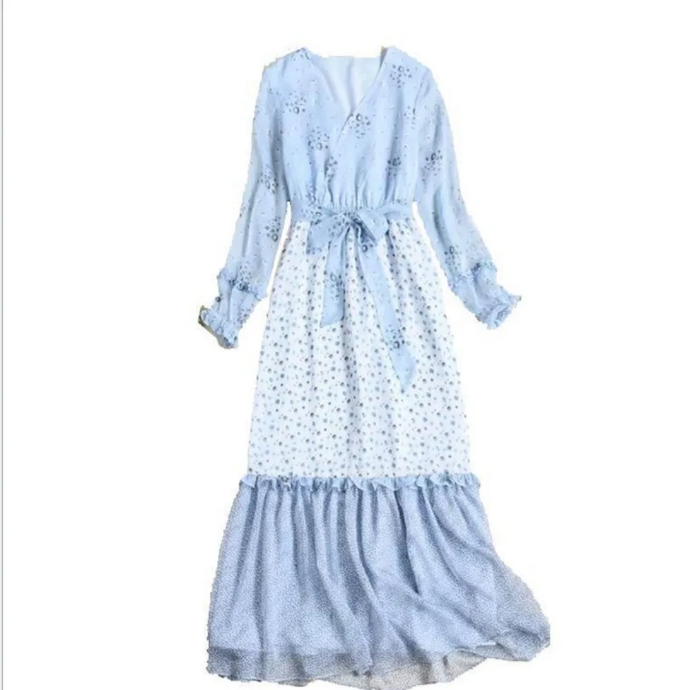

Blue Floral Wrap Dress Maxi Long Ruffle Sleeve Women Occident Long Sleeve Dress Slim Fit New 2023