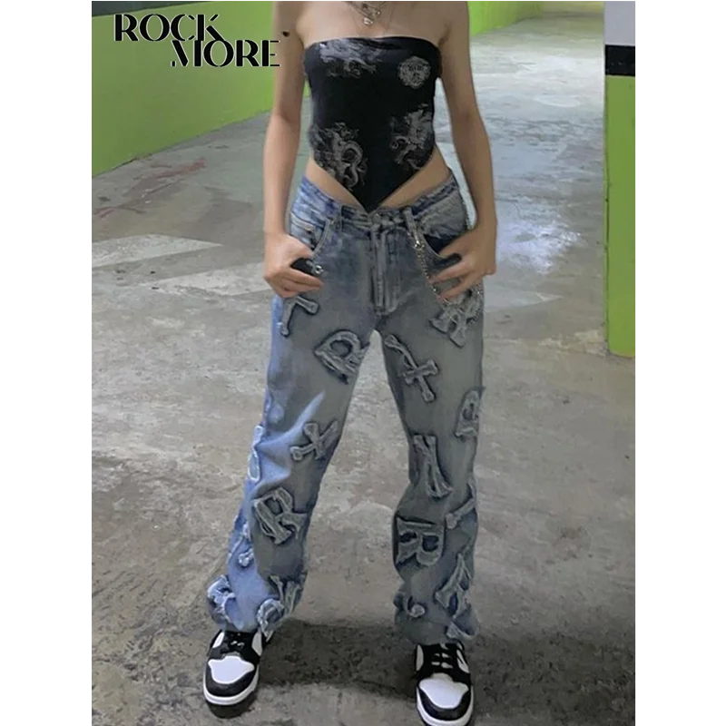 

Женские джинсы Rockmore Y2K в стиле пэчворк, уличная одежда, свободные прямые брюки-карго в стиле панк, с завышенной талией и широкими штанинами, винтажные брюки из денима 90-х