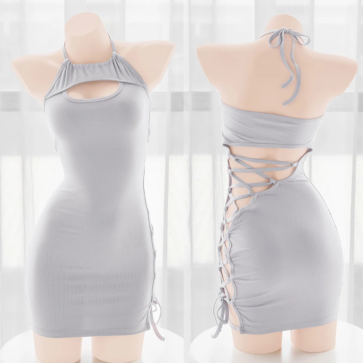 

Sexy Japanese Corset Strap Virgin Killer Tight Dress Women Open Chest Halter Perspective Hollow Out Anime Gray Bandge Sleepwear