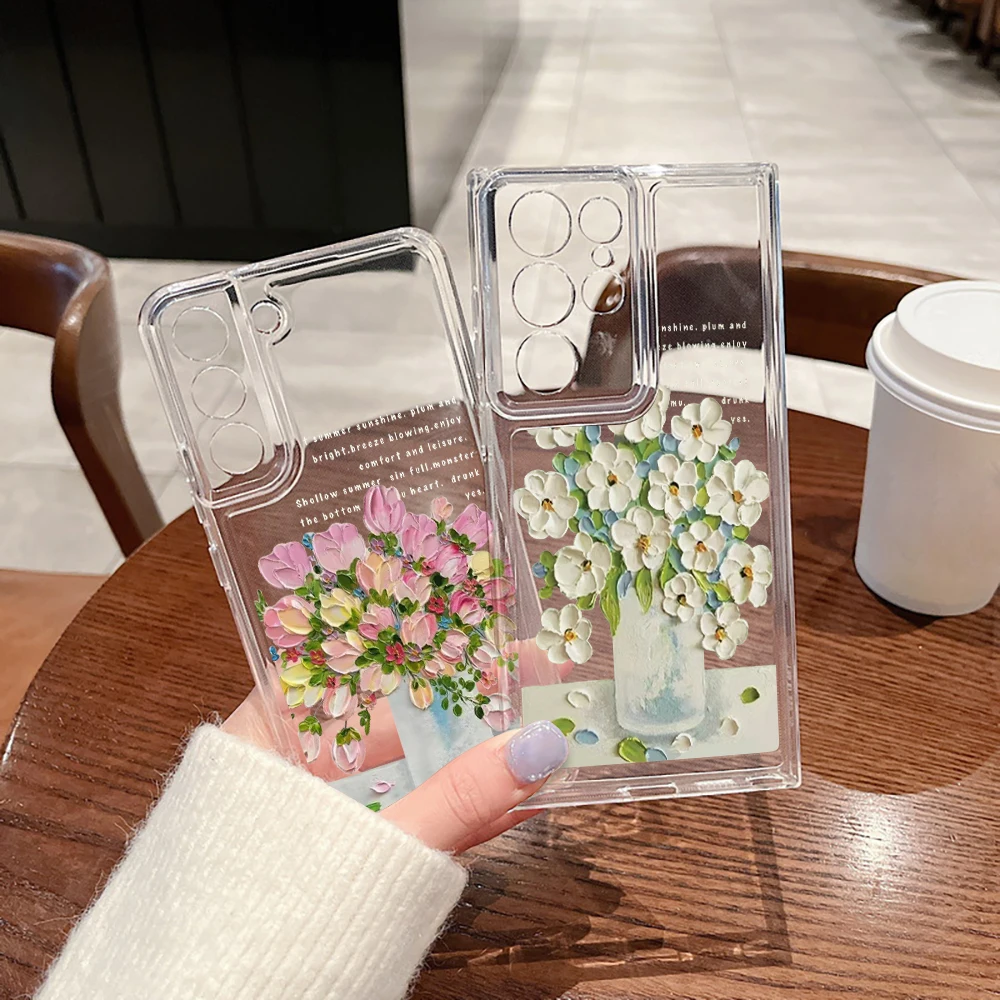 

Phone Case For Samsung Galaxy S21 FE S22 Plus Oil Painting Flowers Cases For Galaxy S23 Ultra S22Ultra Transparent Soft Cover
