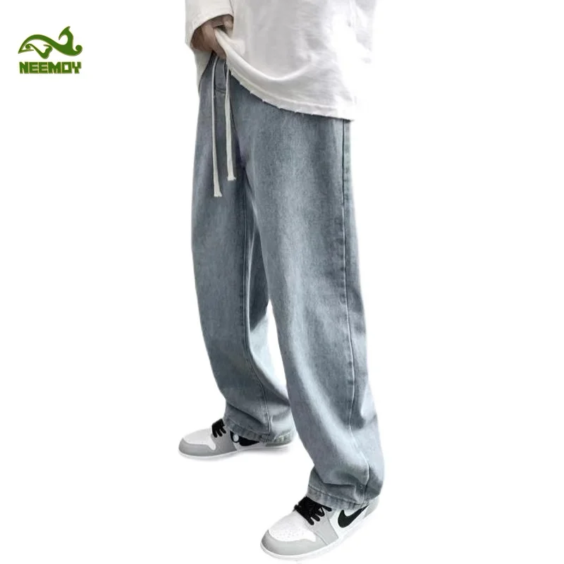 Neemoy Casual Baggy Jeans Men's Korean Fashion Wide Leg Pants High Street Casual Loose Trousers Male Clothing Light Blue