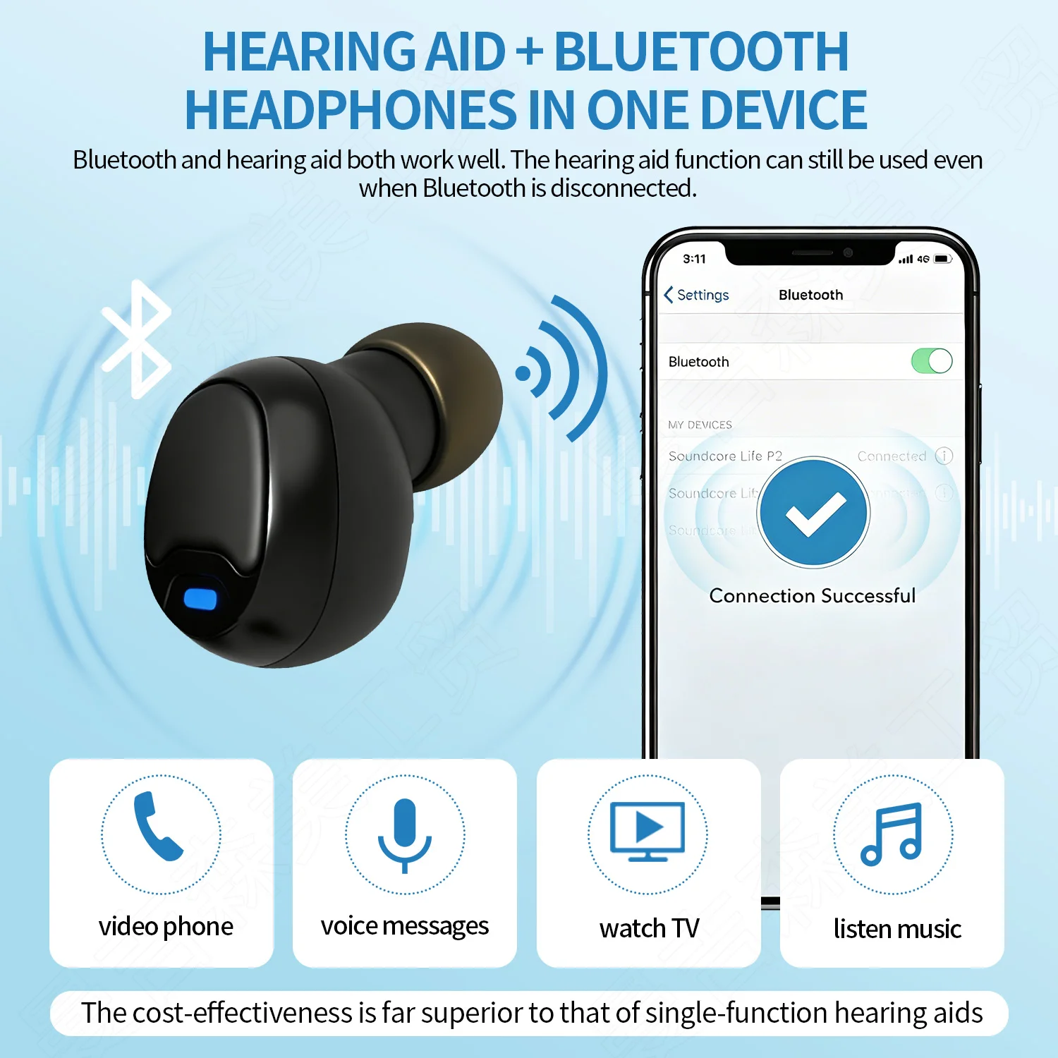 Фото Слуховой аппарат с Bluetooth и управлением через приложение, перезаряжаемый, для людей с нарушениями слуха, высококачественный, с невидимым креплением, шумоподавлением, Audifonos №3