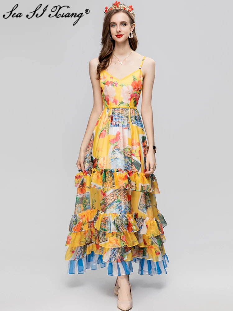 

Женское длинное платье с каскадными оборками Seasixiang, дизайнерское платье макси без рукавов с V-образным вырезом и принтом в богемном стиле для отпуска, весна-лето