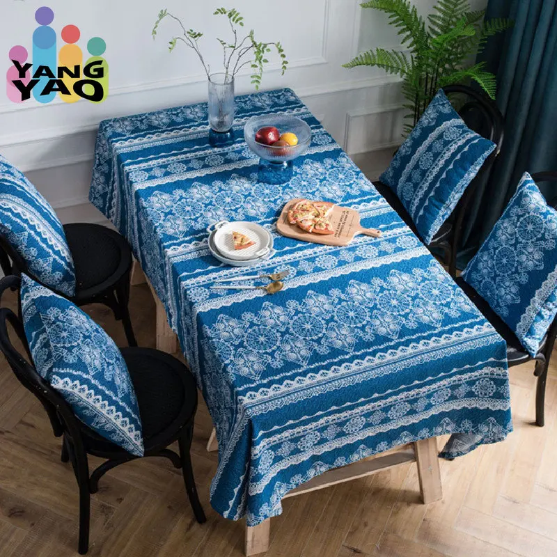 

Blue Cotton Linen Tablecloth Vintage Rectangular Tablecloth Coffee Table Mat Birthday Restaurant Table Cloth Home Decoration