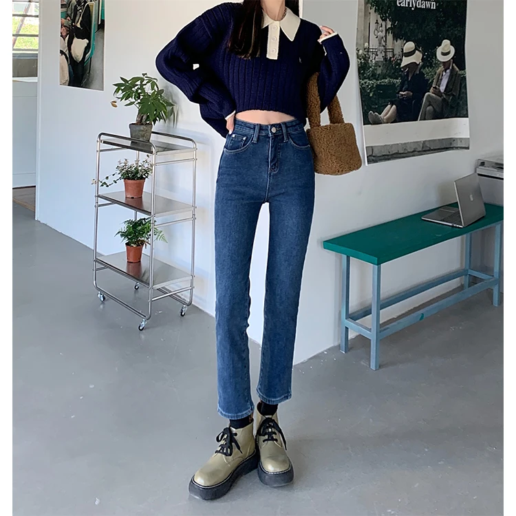 

s1 New elastic thickening straight pants high waist slim long pants jeans