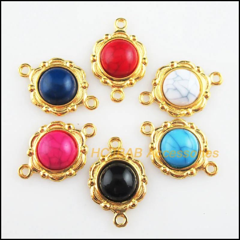 

Fashion 12Pcs Gold Plated Retro Flower Mixed Acrylic Round Charms Connectors 15x23mm