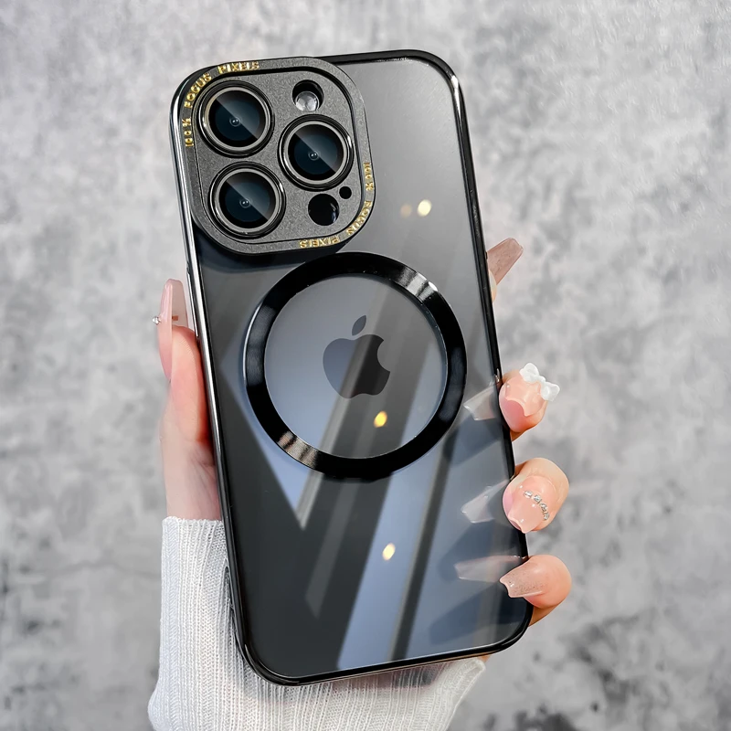 

Luxury Clear Glass camera Protect Mobile Phone Case For iPhone 15 14 13 12 Pro Max Transparent Magnetic Magsafe Back Funda Cover