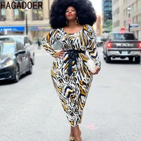 fagadoer fashion streetwear dapple print dress 4xl plus size women clothing elegant long sleeve lace up mid dress with belt 2022