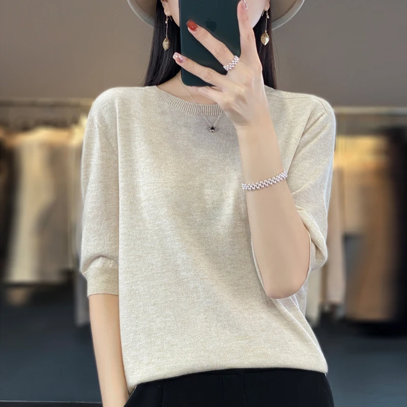 

Пуловер женский свитер с коротким рукавом футболка тонкий женский вязаный простой свитер с круглым вырезом из тонкой искусственной шерсти новый продукт