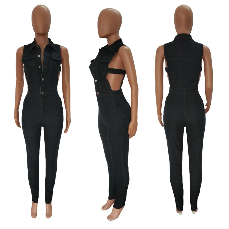 Комбинезон джинсовый женский облегающий без рукавов пикантный хлопковый