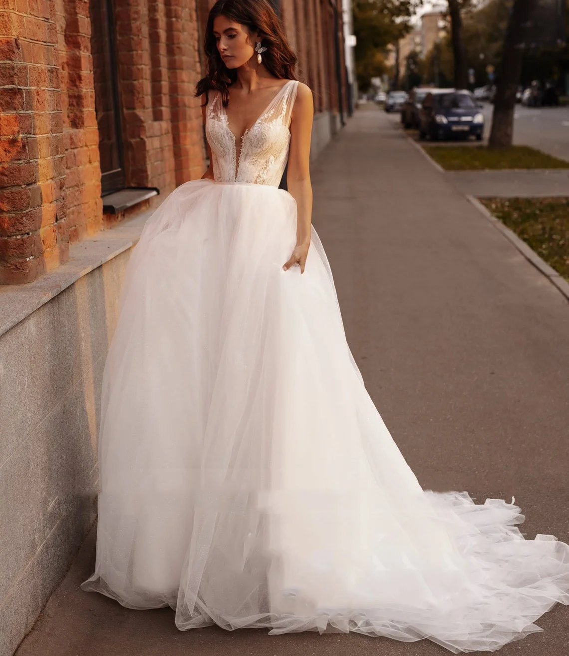 

13389#V-Neck Sleeveless Sexy Vestido De Novia A-Line Soft Tulle Backless Beach Lace Applique Wedding Dress Bride Gown 2022