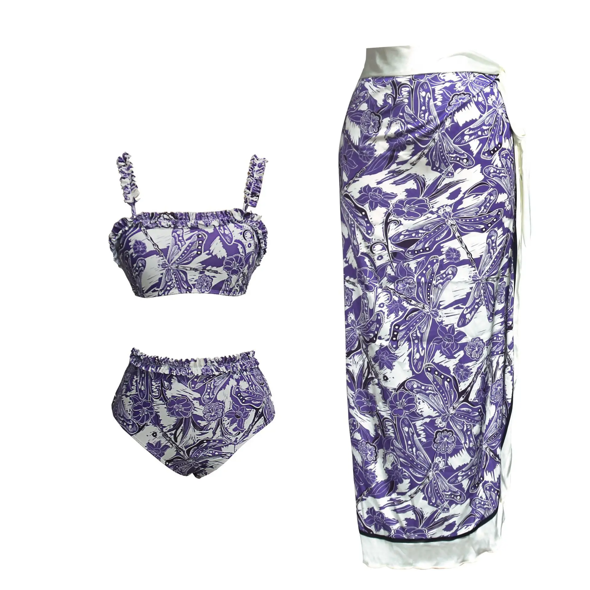 

Bathing Suit Bikinis Trend Swimwear Split Three Piece Swimsuit Bohemian Style Swimsuit with High Waisted Wooden Ear Edge AA8278