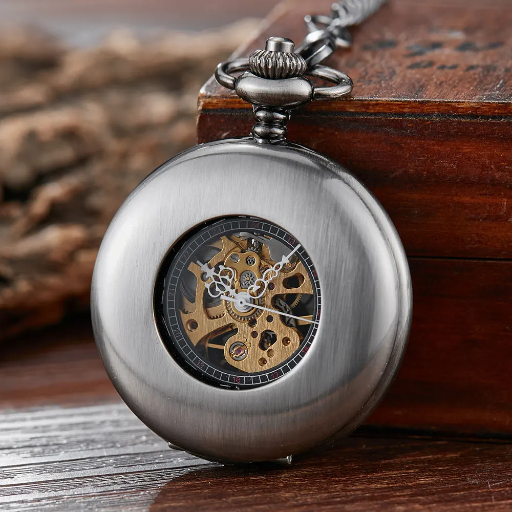 Vintage Smooth Skeleton Mechanical Bronze Pocket Watch Men Steampuk Hand Wind Pendant Clock Chain With Arabic Numerals for Gift