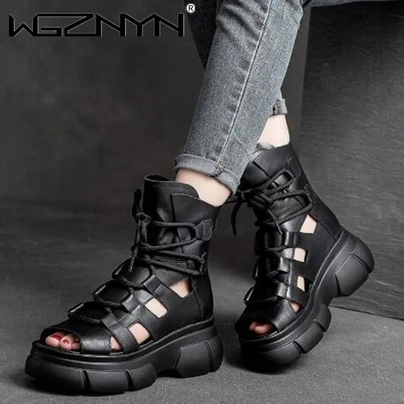 NEW Genuine PU Leather Sandals for Women with New Summer Hollowed-out Roman Sandals Sponge Cake Thick-soled Fish Mouth Cool Boot