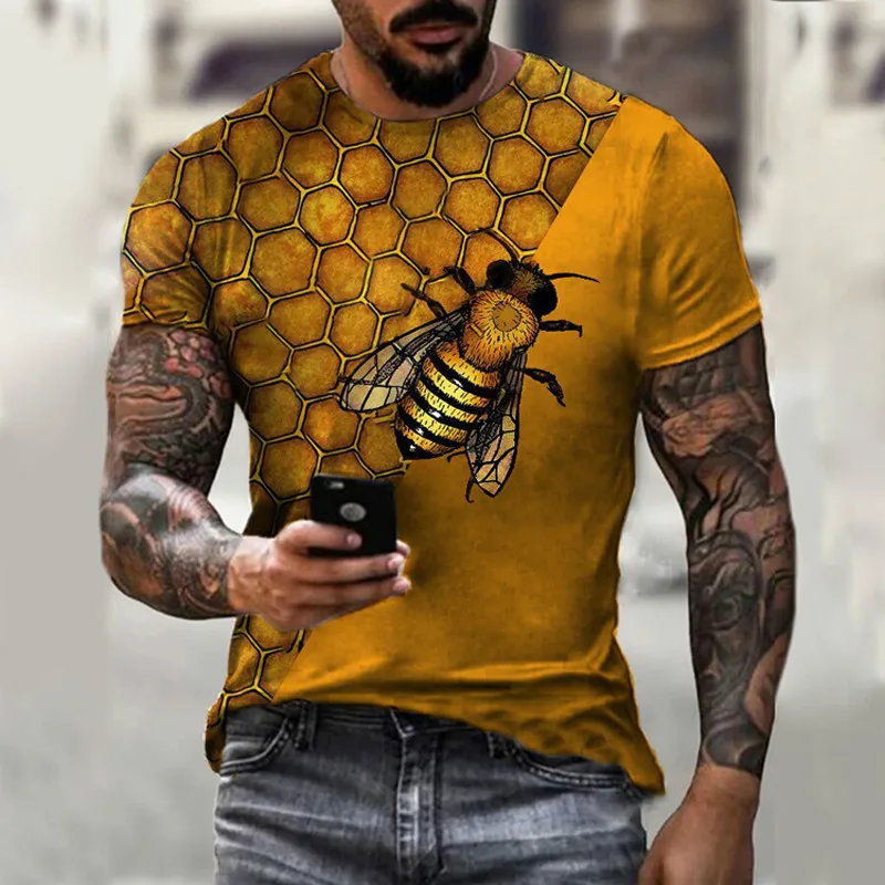 

3D Printed Honey Patterned Men's and Women's T-shirts, Fun Animal Clothing, Summer O-neck Short Sleeved Oversized Top， Boy ，Girl