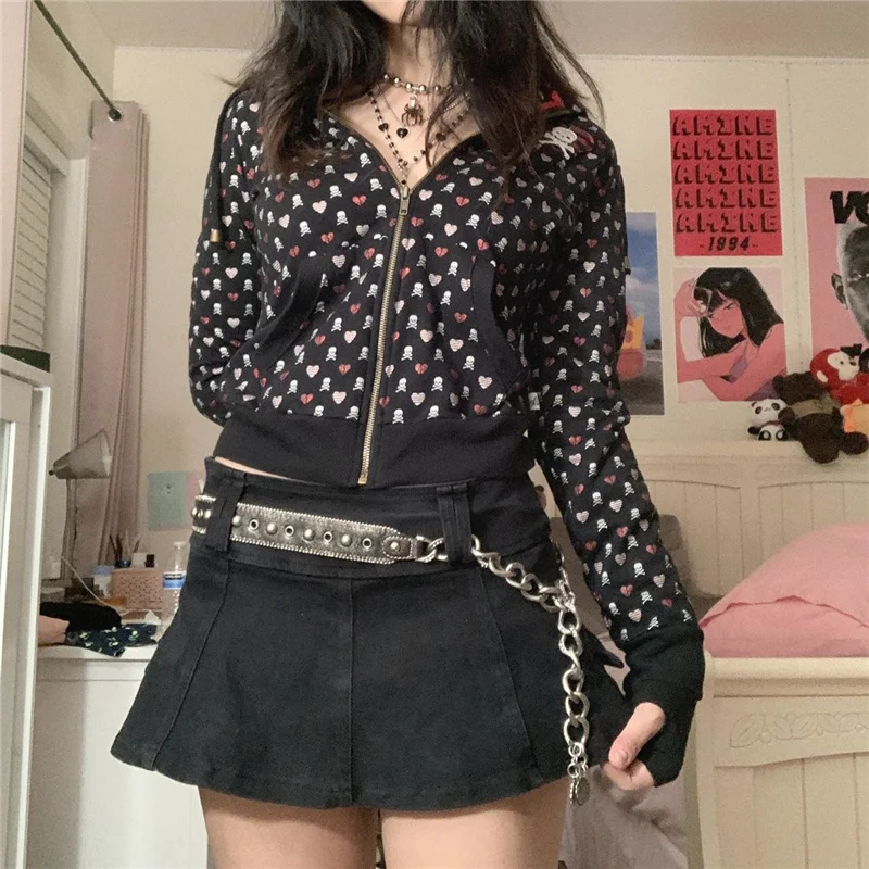 

Gothic Coats for Women Skull Heart Print Hooded Long Sleeve Jacket y2k Crop Top Hoodies 2000s Aesthetic Streetwear