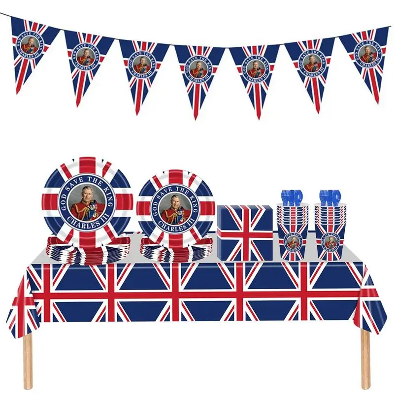 

114Pcs New King Charles III Party Celebrate Disposable Tableware Set Baby Shower Supplies Paper Plates Cups British Decorations