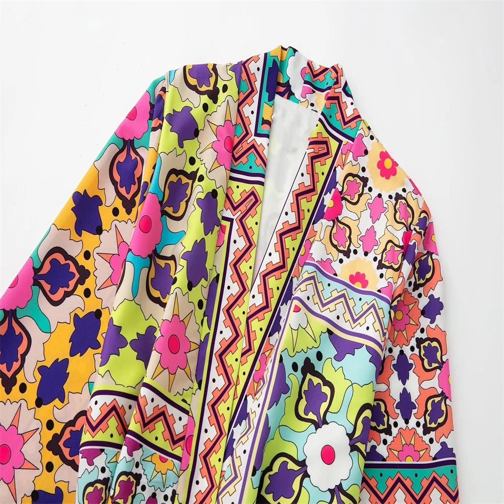 Женское Свободное пальто с длинным рукавом поясом и принтом в европейском