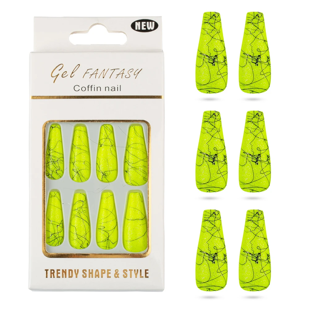 30 шт./коркор. Длинные накладные ногти в форме балерины черная линия дизайн с