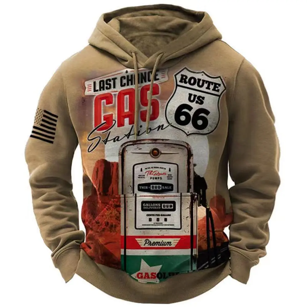 

2023 Winter Men's Hoodies Sweatshirt Route 66 Graphics Vintage Tops Male Oversized Clothes Pullover Casual Street Loose Hoodie