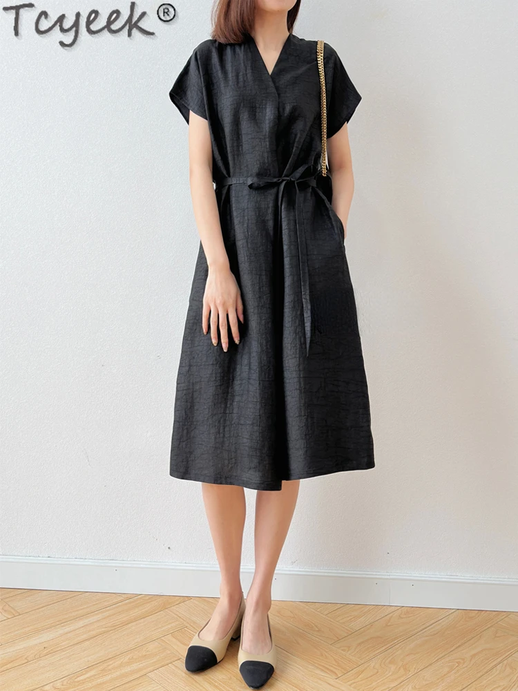 Женское шелковое Платье-миди Tcyeek черное элегантное Платье из натурального шелка