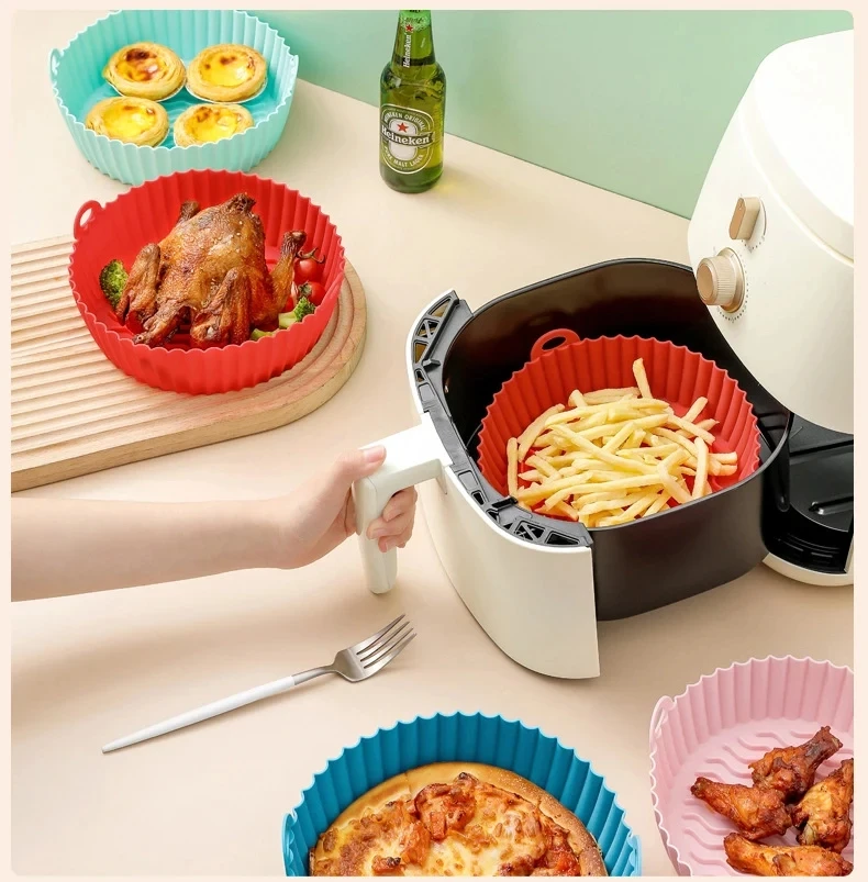 

17/18cm Air Fryer Oven Baking Tray Fried Pizza Chicken Basket Mat AirFryer Silicone Pot Round Replacemen Grill Pan Accessories