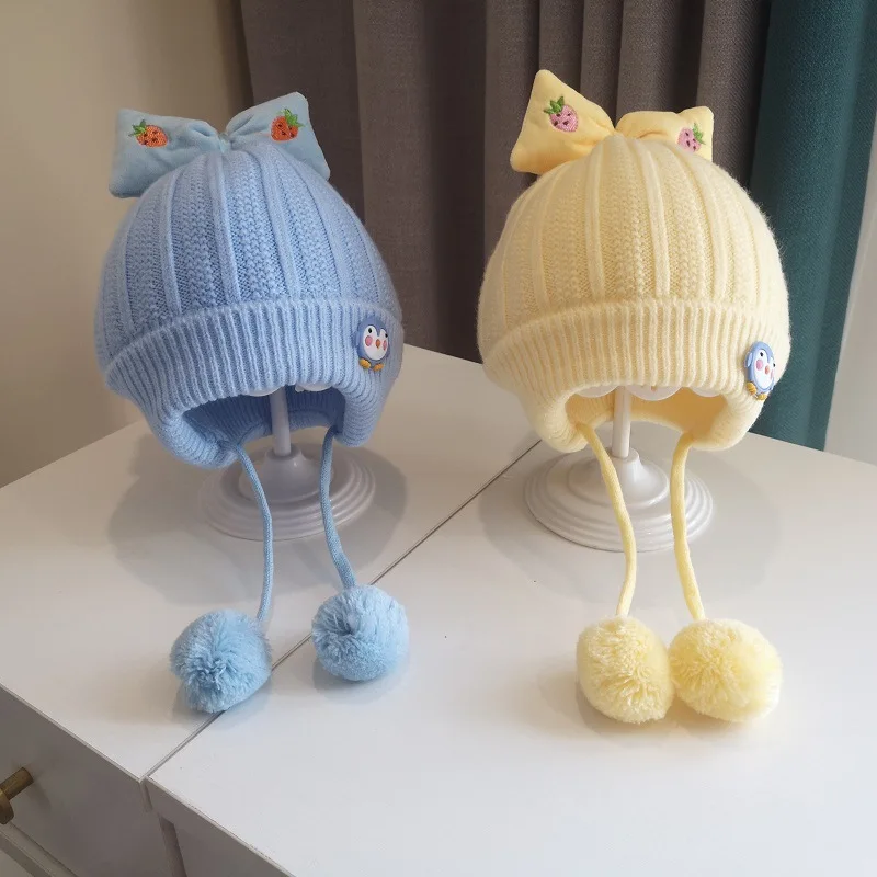 

Bowknot Children's Ear Protection Knitted Hat Autumn and Winter Girls Hat Wool Double Ball Foreign Style Baby Hat