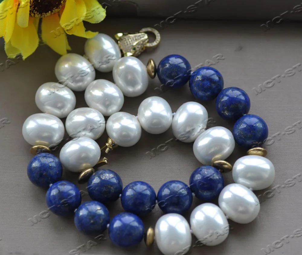 

MCT·STAR Z12182 20'' 20mm Blue Round Lapis Lazuli Egg White Shell Pearl Necklace CZ