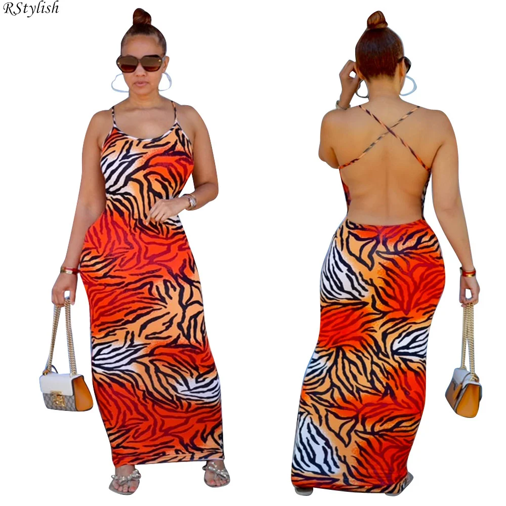 

RStylish Leopard Print Halter Neck Sexy Bodycon Maxi Dresses For Women 2022 Backless Female Straps Party Beach Summer Dress