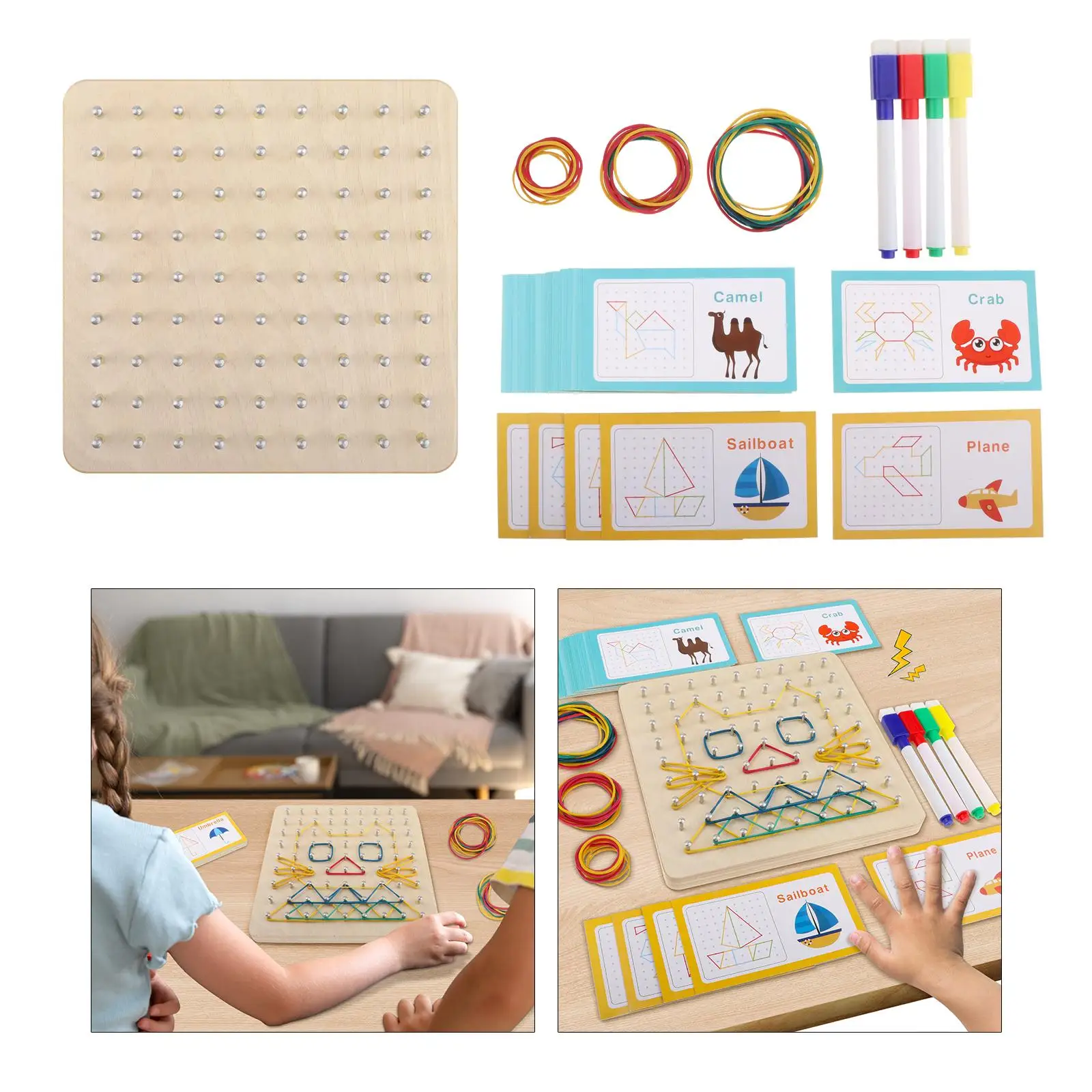 

Wood Geoboard Set with 30 Pattern Cards for Children 3 4 5 Year Old