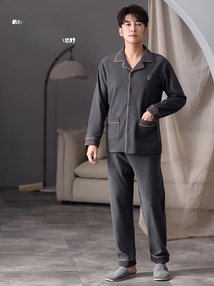 Langsha Pajamas Men's Autumn and Winter Dralon Long sleeve Nightgown Thickened Warm Can Be Worn outside High-Grade Home Wear ...