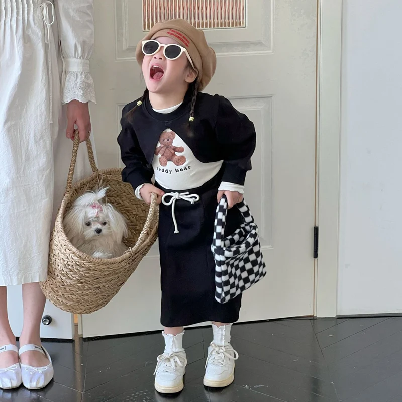 

Spring Autumn Girls 2 Pcs Set Baby Crop Top + Skirt Kids Suits Children Clothes Streetwear Rib Knit Irregular Hollow Solid 1-6Y