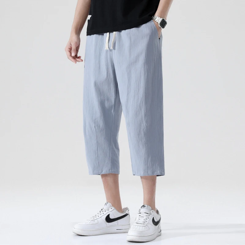 

Брюки мужские прямые из льна, модные эластичные свободные спортивные штаны, универсальные повседневные укороченные брюки в Корейском стиле, лето