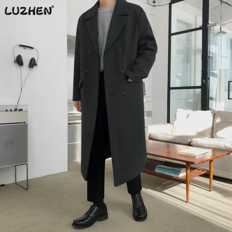 

LUZHEN 2023 Stylish Gentleman Solid Color Knee-length Trench Wool Double Breasted Loose Men's Casual Windbreaker Autumn F2ced6