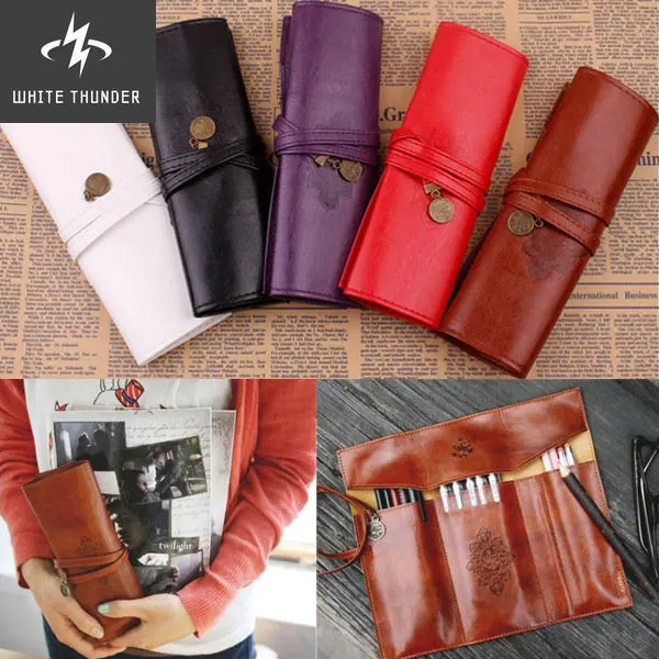 

New Style Roll PU Leather Purse Pouch Makeup Pem Pencil Case Cosmetic Bag Retro