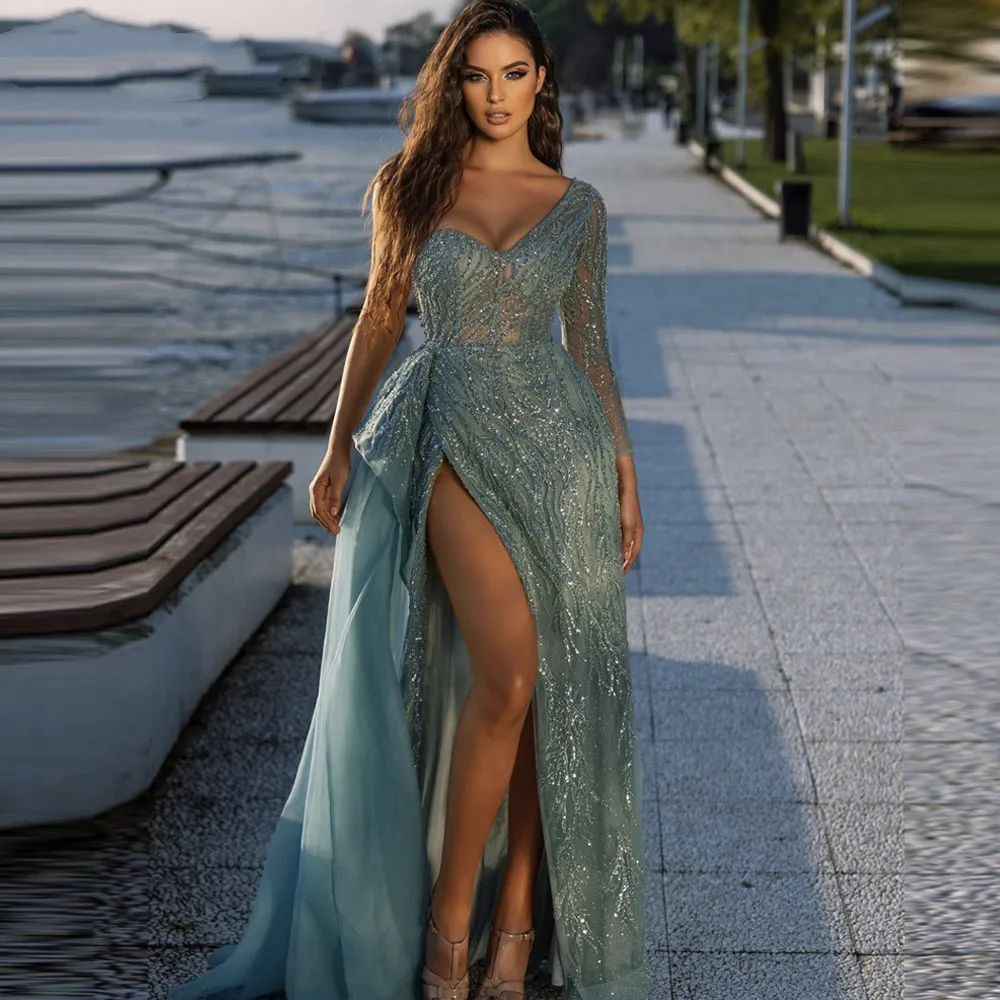 2022 Glitter Dusty Green Sequin Lace Prom Dresses With Detachable Overskirt High Slit Long Sleeve Evening Gowns Dubai new