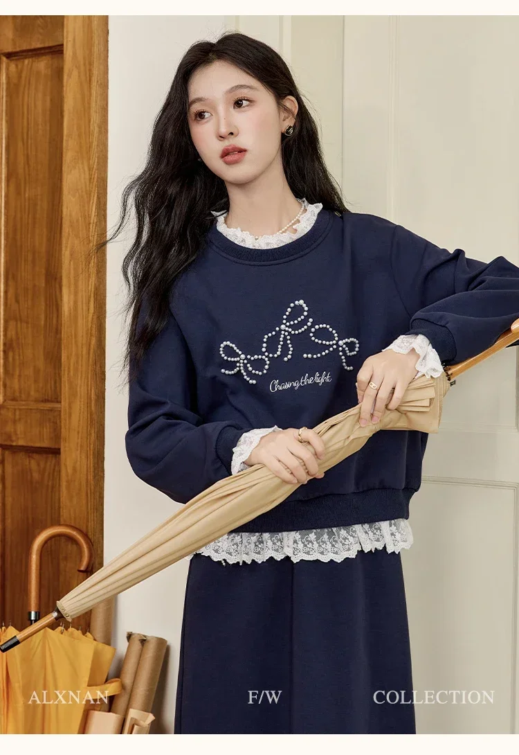 Женская кружевная толстовка с круглым вырезом и жемчужным бантом