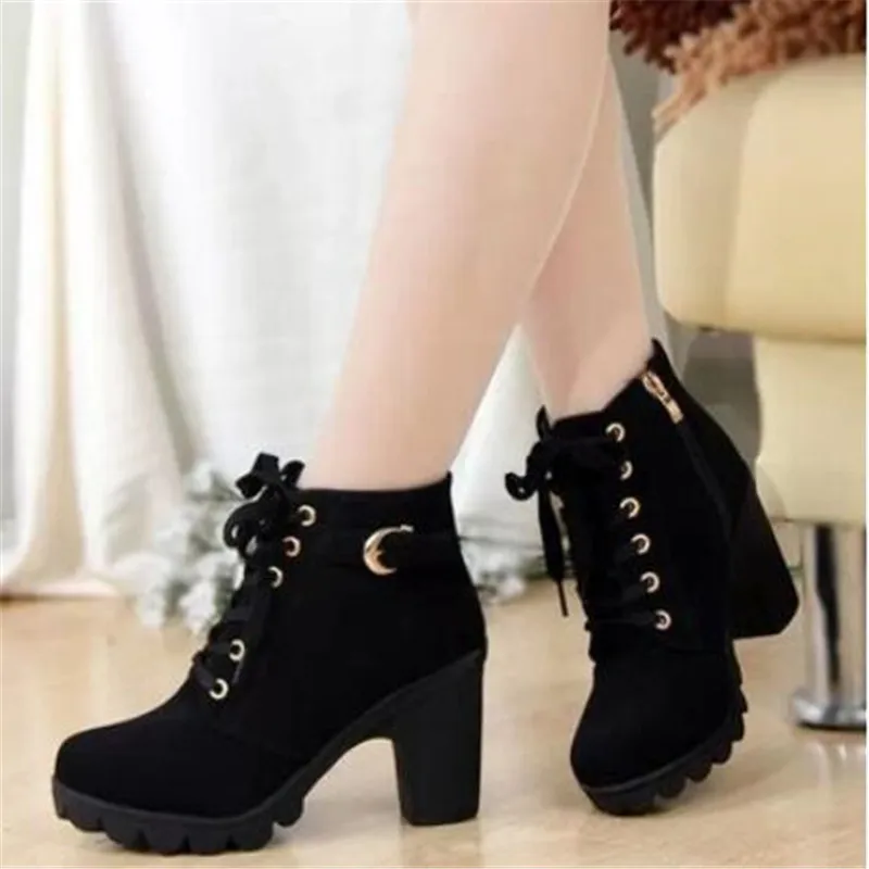 

New Spring Winter Women Pumps Boots High Quality Lace-up European Ladies Shoes PU High Heels Boots Zipper Women Shoes