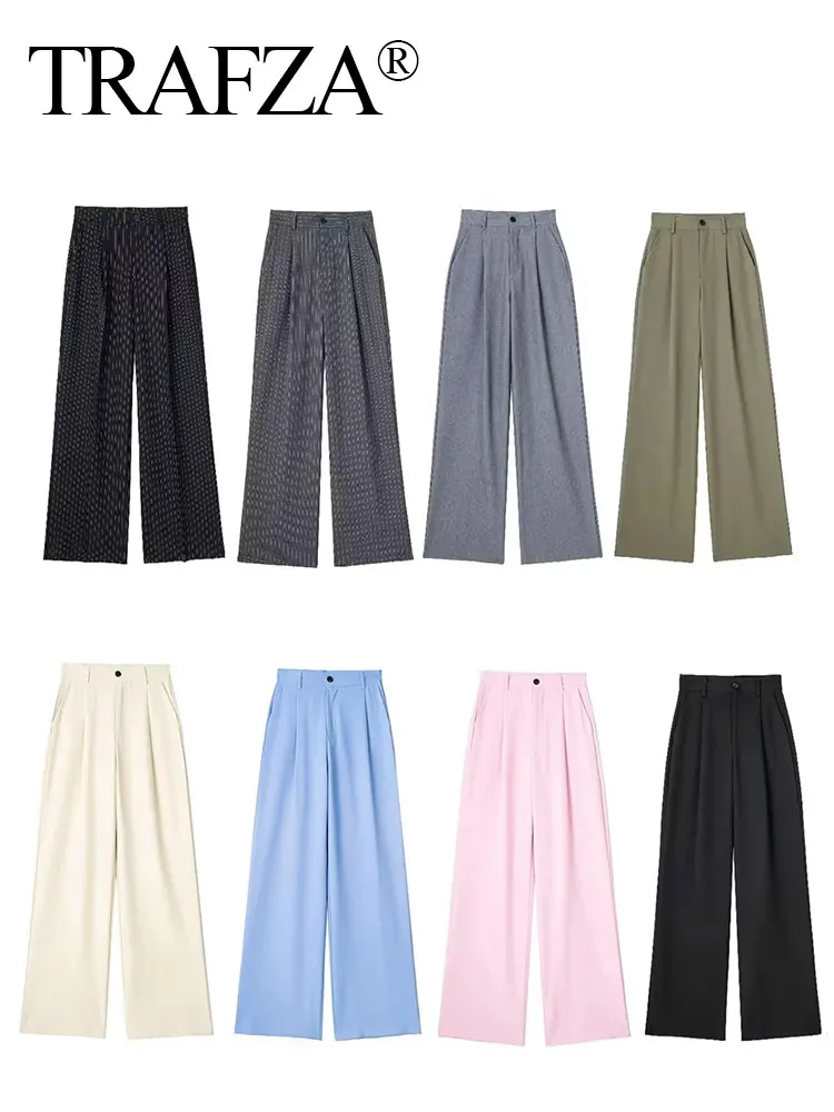 

TRAFZA Women Elegant Solid High Waist Slim Pants Button Zipper Fly Wide Leg Pants Female Casual Commute Trousers For Woman