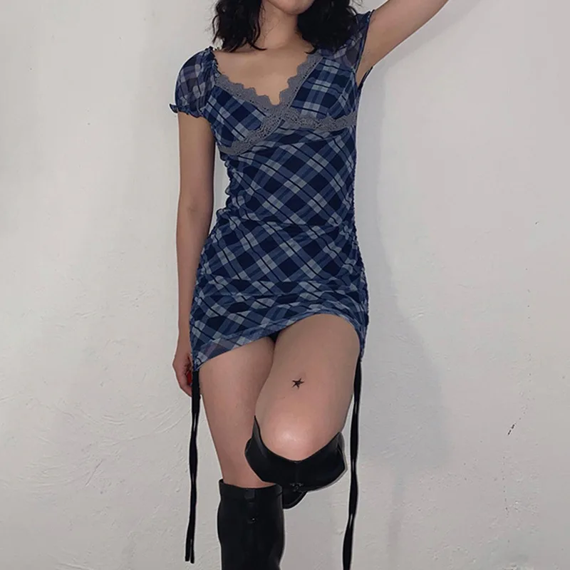 

V Neck Lace Edge Sleeveless Mini Dress Printed Mesh V-neck Drawstring Wrap Hip Skirt Women Clothes Vestidos De Noche Juveniles