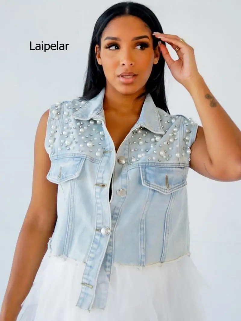 Женский короткий джинсовый жилет с жемчужинами укороченная Джинсовая