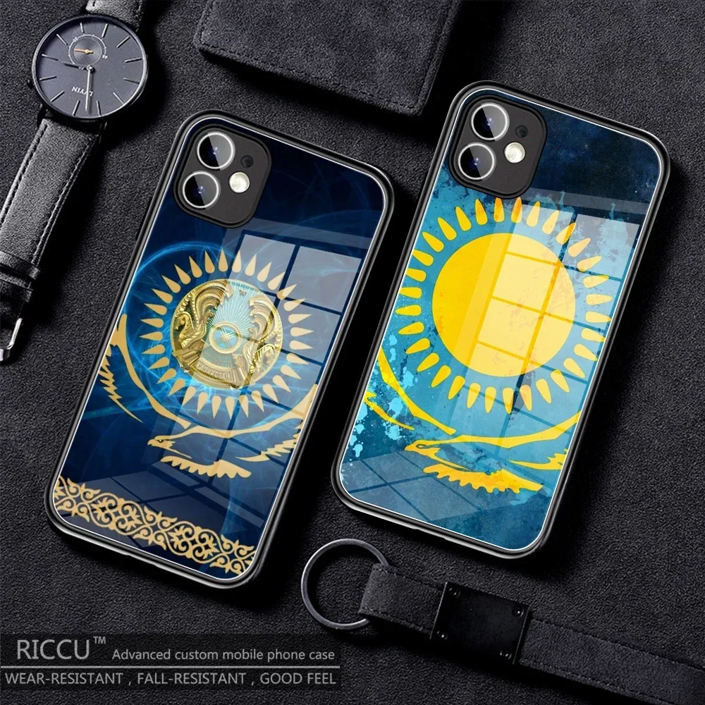 Чехол с казахским флагом для телефона закаленное стекло iPhone 15 14 12 13 Pro Max Mini 11 XR XS MAX