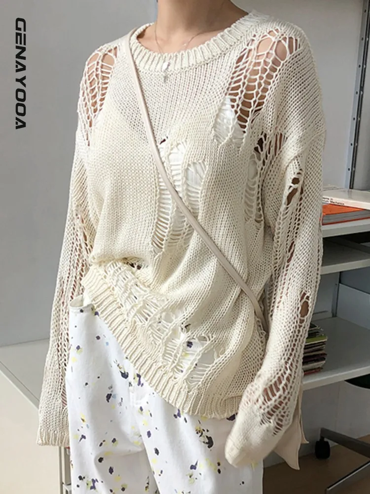 

Genayooa Korean Style Sexy Sweater Women Loose Knitted Tops Hollow Out Hole Thin Pullovers See Through Broken Sweater Beach Wear