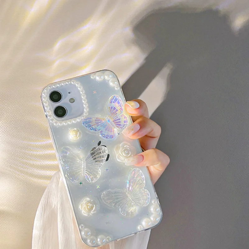 Роскошный чехол для телефона с блестящей пудрой 3D бабочкой жемчугом IPhone 15 14 13 12 11