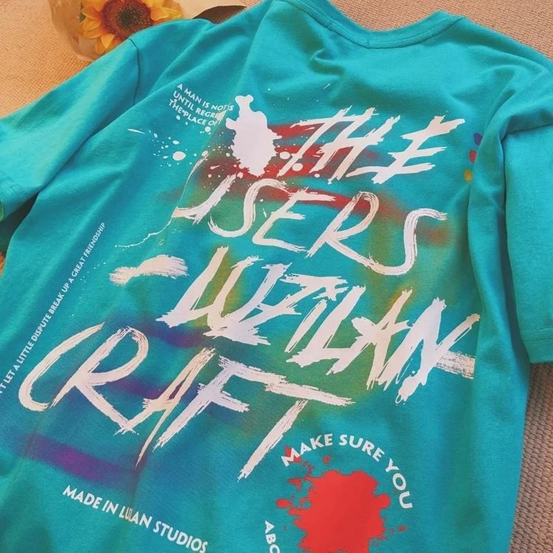 

2022 Summer Aesthetic Graffiti Goth Letters T Shirts Women Cotton Tees Tops Oversized Couples Streetwear Hip Hop Korean Fashion