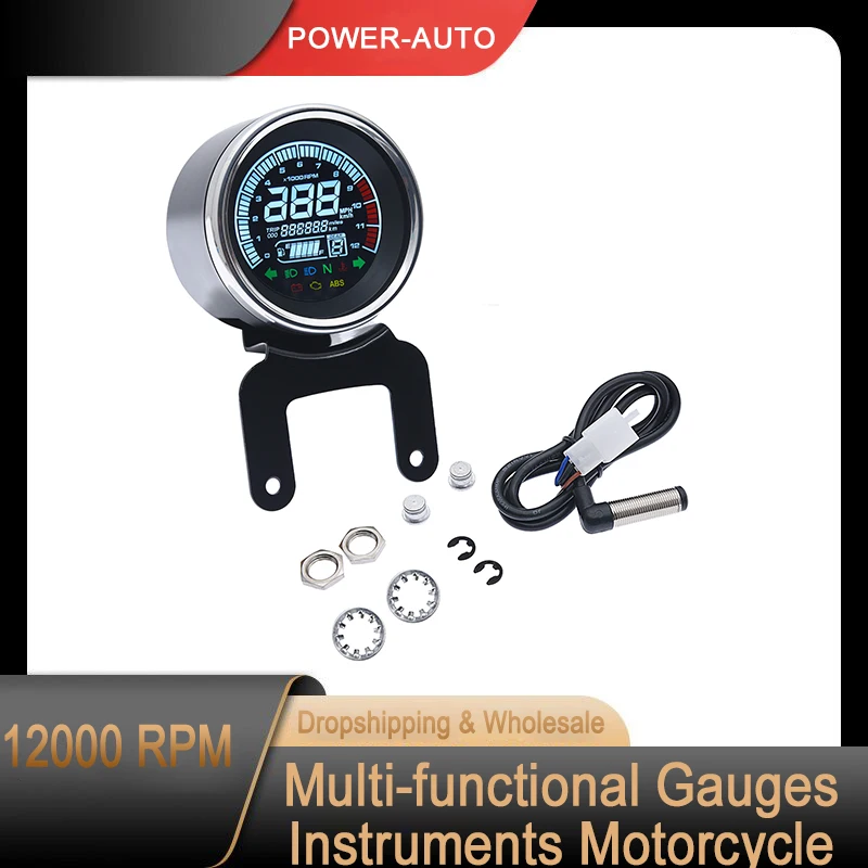 

12000rpm Multi-functional Gauges Instruments Motorcycle Digital Tachometer Odometer Fuel Level Speed Meter Indicator Led Round