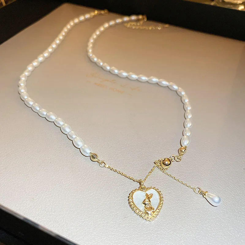 

Minar Cute Lovely White Shell Heart Rabbit Coin Pendant Necklaces Gold Color Chain Simulated Pearl Beaded Choker Necklace Women